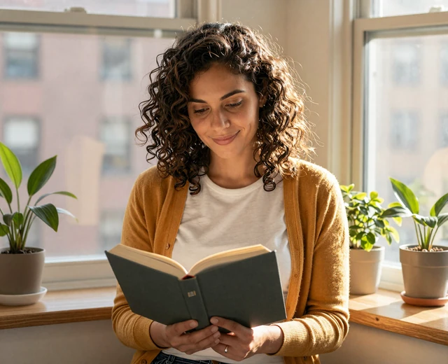 Single female psychiatrist reading at home, doctor singles lifestyle on Physician Dating Hub