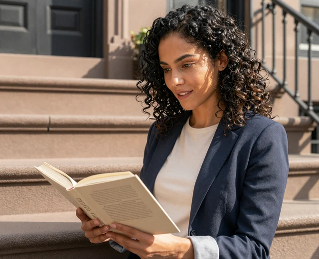 Single female neurologist reading on a sunlit stoop, doctor singles lifestyle
